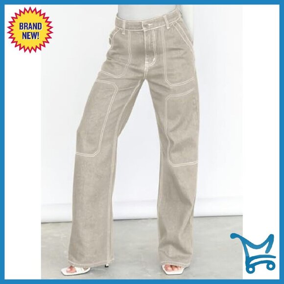 Mid Waist Cargo Jeans Stretch Button Wide Leg Denim Pants - Picture 4 of 8